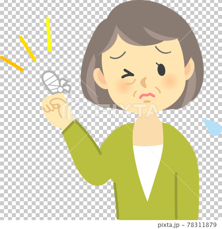 イラスト素材:ケガシリーズ 年配女性が突き指で包帯を巻いて困った表情の姿 イラスト素材:ケガシリーズ 年配女性が突き指で包帯を巻いて困った表情の姿 78311879