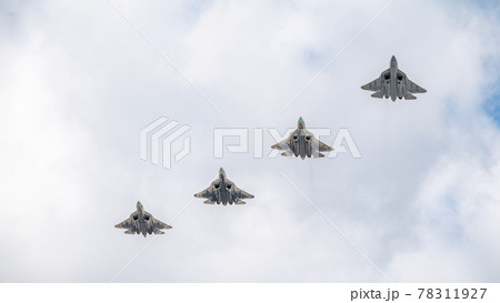 Moscow, Russia - May, 05, 2021: Four Sukhoi SU-57 flying over Red Square during the preparation of the May 9 parade. Moscow, Russia - May, 05, 2021: Four Sukhoi SU-57 flying over Red Square during the preparation of the May 9 parade. 78311927