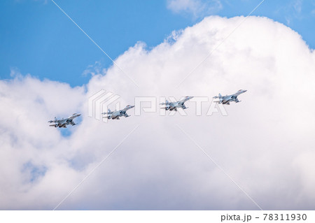 Moscow, Russia - May, 05, 2021: Sukhoi SU-35 flying over Red Square during the preparation of the May 9 parade. 78311930