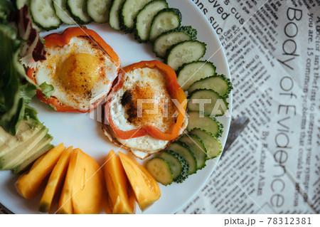 Breakfast with fried egg, vegetables, selective focus 78312381