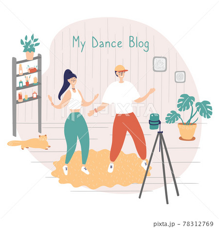 Dance stars are recording videos for their blog. Dance Challenge concept. Young man and woman learn moves with online classes and tutorials. Influencers write video blog for subscribers. Vector image Dance stars are recording videos for their blog. Dance Challenge concept. Young man and woman learn moves with online classes and tutorials. Influencers write video blog for subscribers. Vector image 78312769