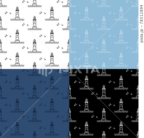 set of seamless patterns with Marine coastal lighthouse. Safe route in shipping area. Ornament for decoration and printing on fabric. Design element. Vector set of seamless patterns with Marine coastal lighthouse. Safe route in shipping area. Ornament for decoration and printing on fabric. Design element. Vector 78312894