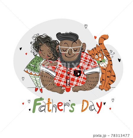 Father's Day card for the holiday. Dad with his daughter and a cat. Dark skin color.Vector Father's Day card for the holiday. Dad with his daughter and a cat. Dark skin color.Vector 78313477