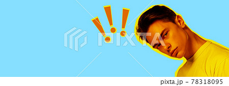 Contemporary art collage, modern design. Magazine style. Man on blue studio background with copy space for ad. Contemporary art collage, modern design. Magazine style. Man on blue studio background with copy space for ad. 78318095