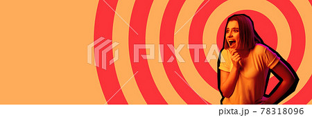 Contemporary art collage, modern design. Young happy joyful girl on colored geometric background in magazine style. Yellow and red colors. Contemporary art collage, modern design. Young happy joyful girl on colored geometric background in magazine style. Yellow and red colors. 78318096