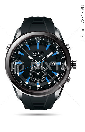 Realistic vector of clock watch chronograph grey steel black dashboard face white number text blue design luxury elegance for men on white background. 78318699