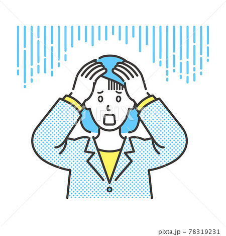 ショックで頭をかかえるスーツ姿の若い女性の上半身イラスト 78319231