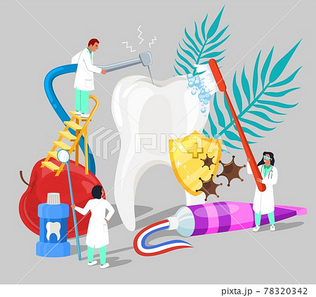 Doctor dentist characters brushing, drilling tooth, flat vector illustration. Dental treatment, oral care and hygiene. 78320342