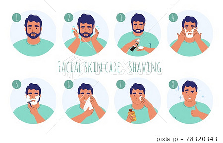 8 step men facial skin care, flat vector illustration. Male grooming, shaving routine. 78320343