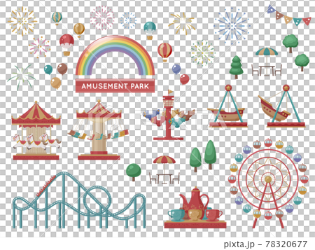 可愛的遊樂園遊樂設施套裝_插畫素材_復古 78320677