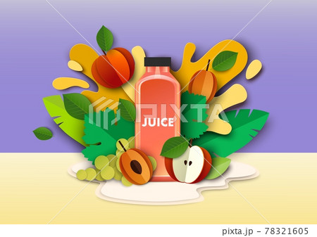 Multifruit juice drink bottle, fresh fruits, liquid splashes, drops. Vector paper cut style illustration. Mix juice ads. 78321605
