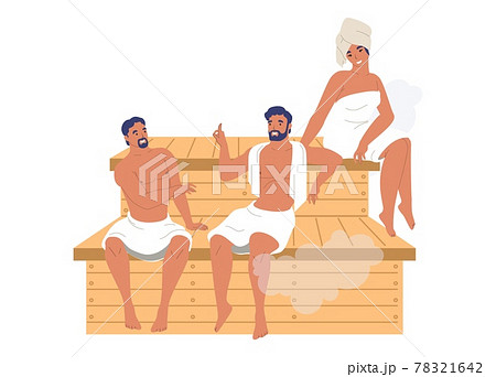 Happy people friends relaxing enjoying steam bath, sauna, vector illustration. Spa resort, steam room, bathhouse therapy 78321642