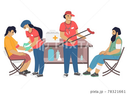Volunteers providing medical assistance to homeless people, flat vector illustration. Care for homeless, volunteering. 78321661