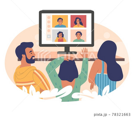 Relatives communicating online via group video call chat, vector illustration. Virtual family meeting. Video conference. Relatives communicating online via group video call chat, vector illustration. Virtual family meeting. Video conference. 78321663