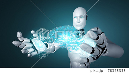 AI humanoid robot holding virtual hologram screen showing concept of AI brain AI humanoid robot holding virtual hologram screen showing concept of AI brain 78323353