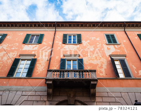bottom view of red apartment house in Bergamo bottom view of red apartment house in Bergamo 78324121