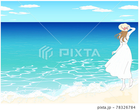 海辺に立つ 白いワンピースの女性 後ろ姿 のイラスト素材