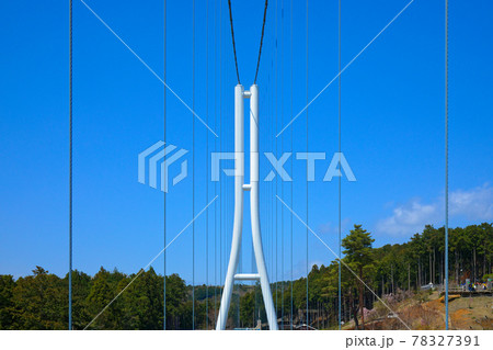 三島スカイウォークと空中散歩 大吊橋と青空の写真素材