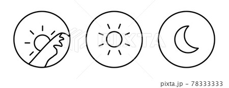 朝、昼、夜イメージ イラスト、丸型アイコンセット 3種類（線画、黒） 78333333