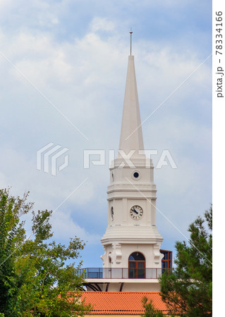 White clock tower in the center of Kemer, Antalya province, Turkey 78334166
