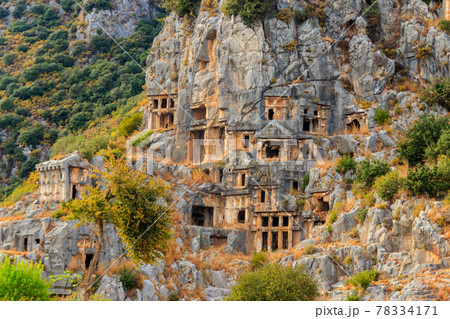 Rock-cut tombs of Lycian necropolis of the ancient city of Myra in Demre, Antalya province in Turkey 78334171