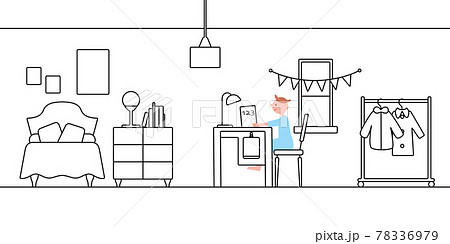 子供部屋線画 学習机で本を読む女の子のイラスト素材 子供部屋線画 学習机で本を読む女の子のイラスト素材