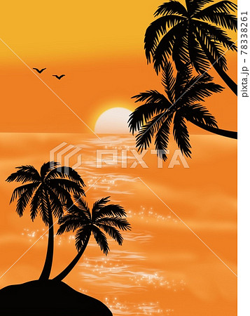 夕日の沈む綺麗な海とヤシノキのイラスト素材 7361