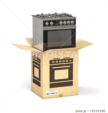 Gas cooker in cardboard box isolated on white. Household kitchen appliances  purchasing online concept. 78339380