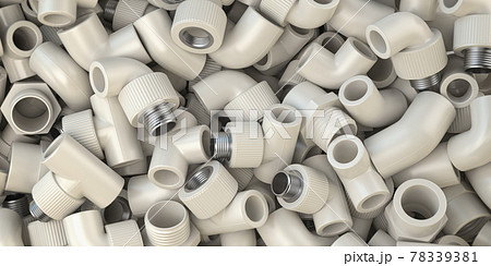 Various fittings of pvc plastic pipes and tubes in heap. Plumbing ackground. Various fittings of pvc plastic pipes and tubes in heap. Plumbing ackground. 78339381