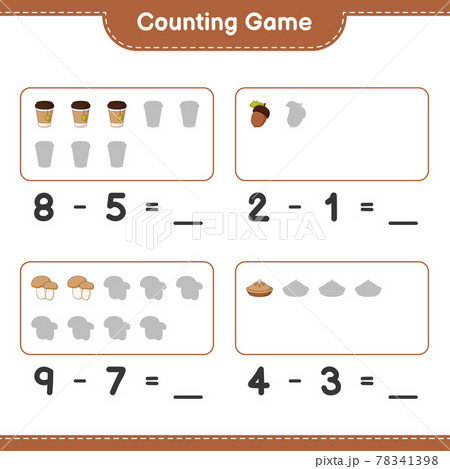 Counting game, count the number of Acorn, Tea Cup, Pie, Mushroom Boletus and write the result. Educational children game, printable worksheet, vector illustration 78341398
