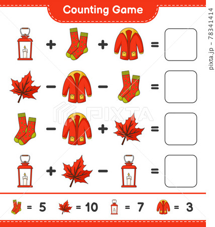 Counting game, count the number of Lantern, Socks, Warm Clothes, Maple Leaf and write the result. Educational children game, printable worksheet, vector illustration Counting game, count the number of Lantern, Socks, Warm Clothes, Maple Leaf and write the result. Educational children game, printable worksheet, vector illustration 78341414