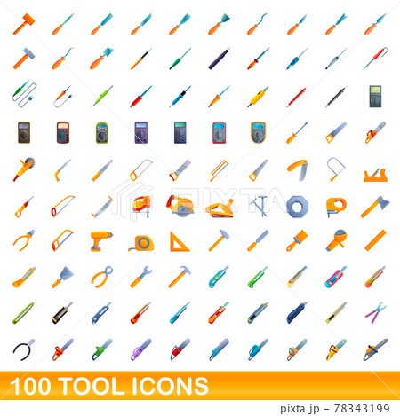 100 tool icons set, cartoon style 78343199