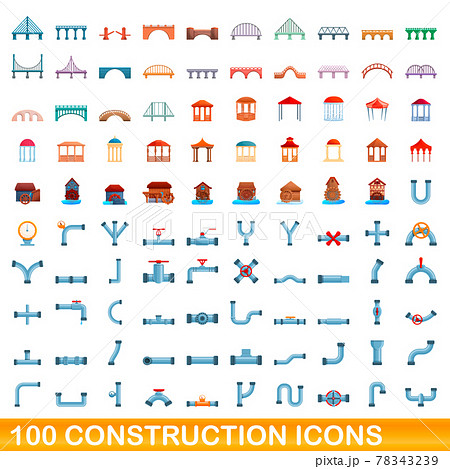 100 construction icons set, cartoon style 78343239