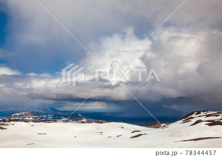 Stormy clouds over Herdubreid tuya mountain  Odadahraun lava field Askja caldera Highlands of Iceland Scandinavia 78344457