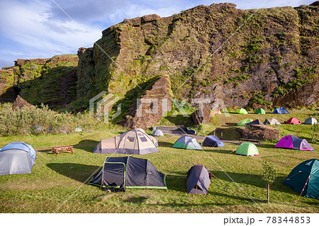 Tents at crowded campsite in Iceland Scandinavia 78344853