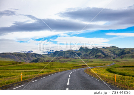 Route 1 Ring Road Southern Iceland Scandinavia with Myrdalsjokull icecap in background Route 1 Ring Road Southern Iceland Scandinavia with Myrdalsjokull icecap in background 78344856