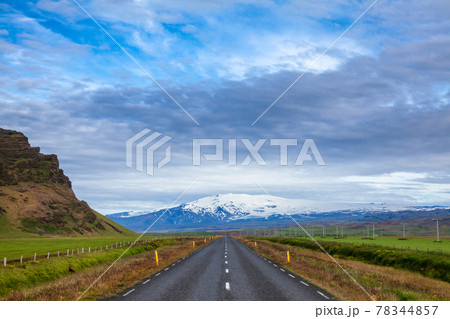 Route 1 Ring Road Southern Iceland Scandinavia with Eyjafjallajokull volcano in background 78344857