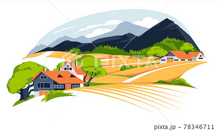 Panoramic landscape with meadows and mountains. Houses in rural area vector illustration. Scenic outdoor nature view with cottage in countryside. Idyll country life. Green hills, blue sky Panoramic landscape with meadows and mountains. Houses in rural area vector illustration. Scenic outdoor nature view with cottage in countryside. Idyll country life. Green hills, blue sky 78346711