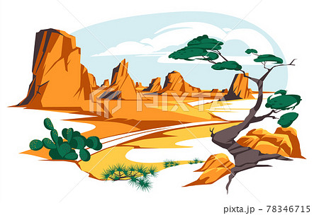 Desert landscape with rocks and cactuses. Vector flat illustration of highway turn in Arizona or Mexico hot sand desert with orange mountains. Summer western american landscape 78346715