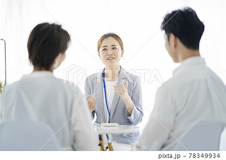 夫婦に説明するスーツ姿の女性 夫婦に説明するスーツ姿の女性 78349934