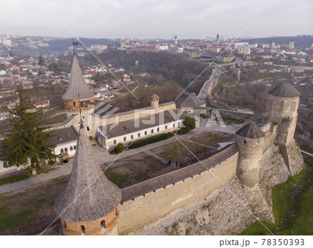 Aerial view of Fortress Castle at SUnrise in historic city of Kamianets-Podilskyi, Ukraine 78350393