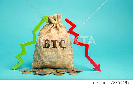 BTC money bag and up and down arrow. Cryptocurrency concept. Decentralized digital currency. Blockchain. The rise and fall of bitcoin. Technologies. 78350597