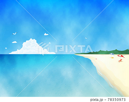 夏のビーチと青い海の風景イラスト 水彩 背景素材のイラスト素材