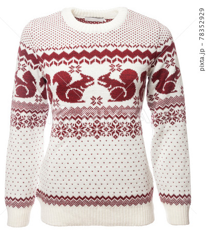 White knitted sweater with red squirrels geometric ornament on female mannequin isolated on white 78352929