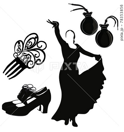 Set of flamenco icons vector stock illustration. Castanets, shoes. Spanish traditional music. Isolated black silhouettes on a white background. 78353856