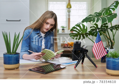 Young woman student studying at home online remotely, USA flag background Young woman student studying at home online remotely, USA flag background 78354610