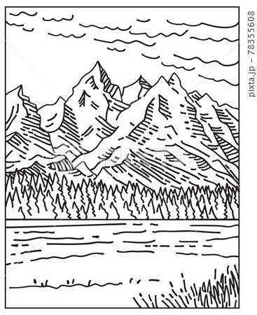 The Teton Range in Grand Teton National Park Located in Northwestern Wyoming United States Mono Line or Monoline Black and White Line Art 78355608
