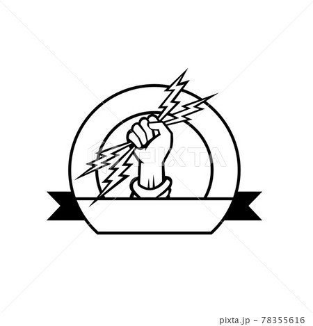 Electrician Hand Holding Lightning Bolt Set Inside Circle with Ribbon in Front Black and White Icon Retro Style Electrician Hand Holding Lightning Bolt Set Inside Circle with Ribbon in Front Black and White Icon Retro Style 78355616