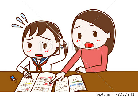 勉強がわからなくてアタフタする女子学生と一生懸命厳しく指導する母 78357841