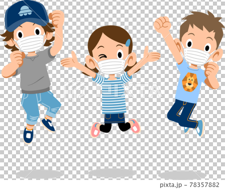 男女兒童戴口罩大力跳躍 男女兒童戴口罩大力跳躍 78357882